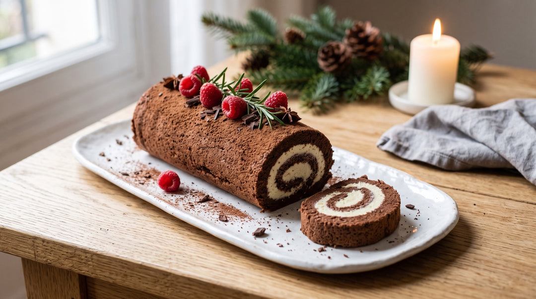 Bûche de Noël légère au cacao et au skyr, framboises et romarin - Mincidélice
