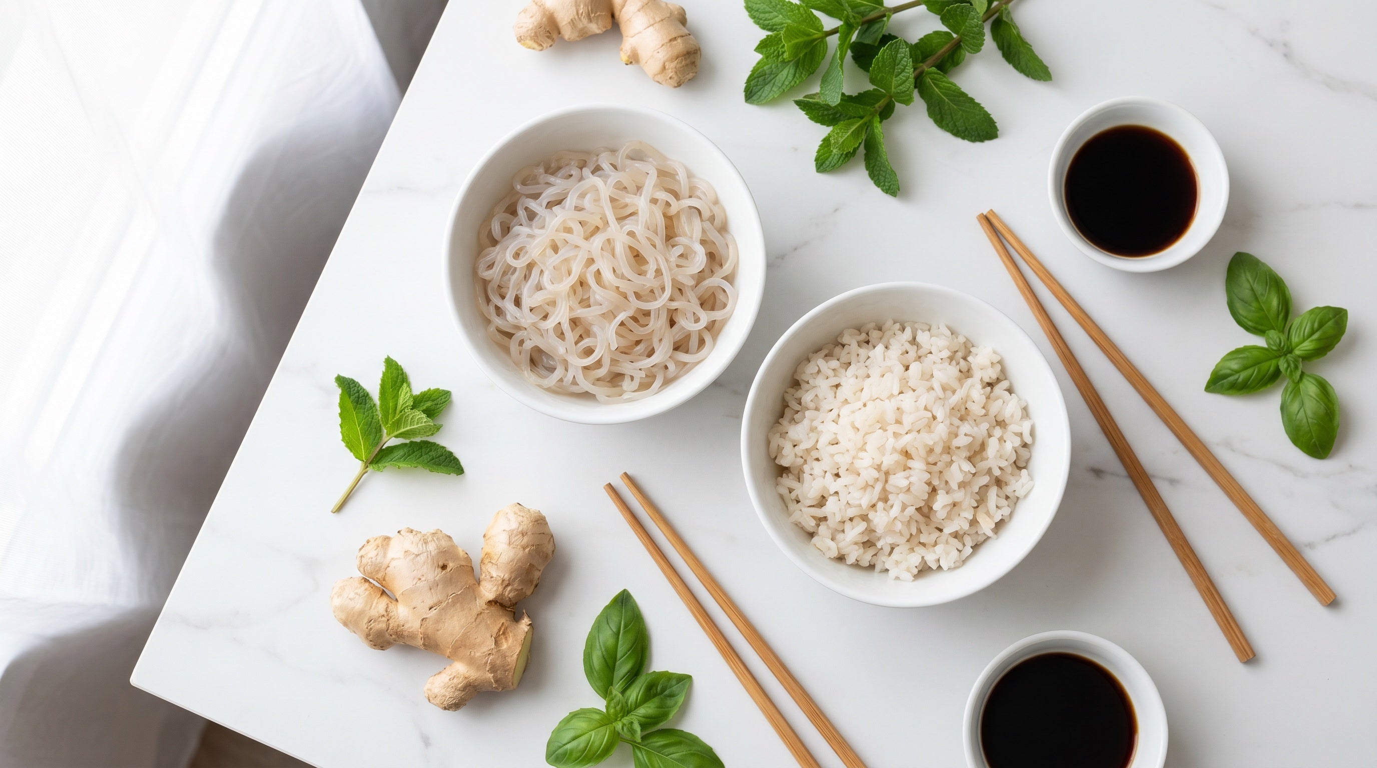 Pâtes de konjac et riz de konjac dans des bols blancs sur marbre avec gingembre frais et sauce soja