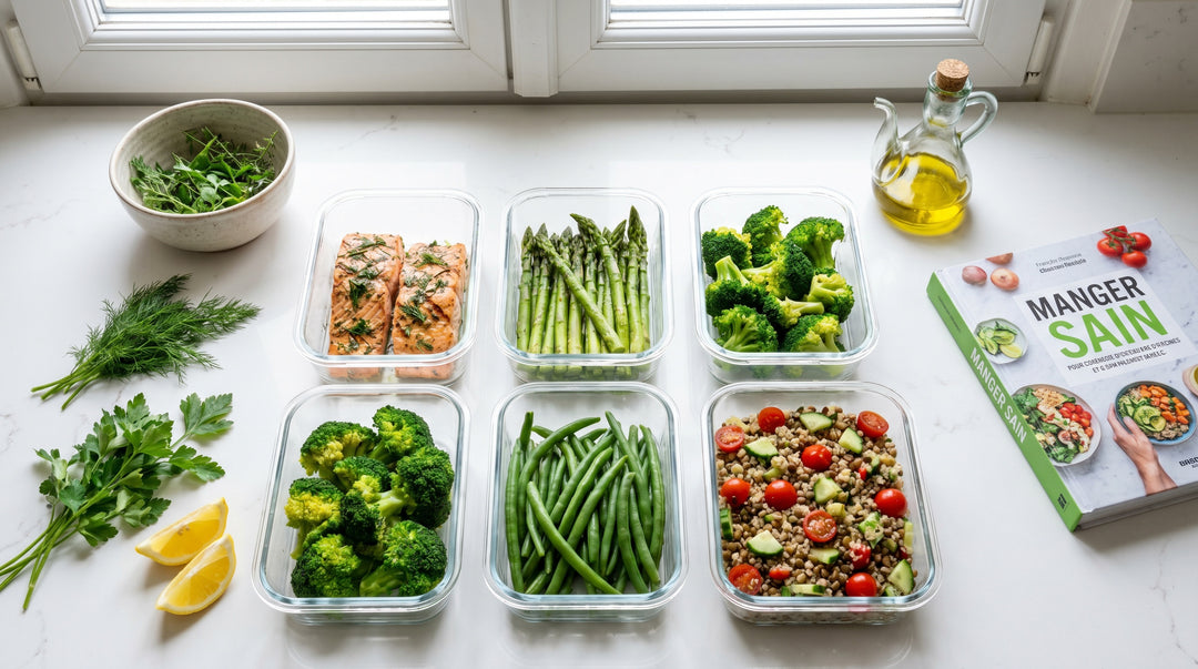 Meal prep de repas minceur équilibrés : saumon, légumes verts, salade de lentilles dans des boîtes en verre