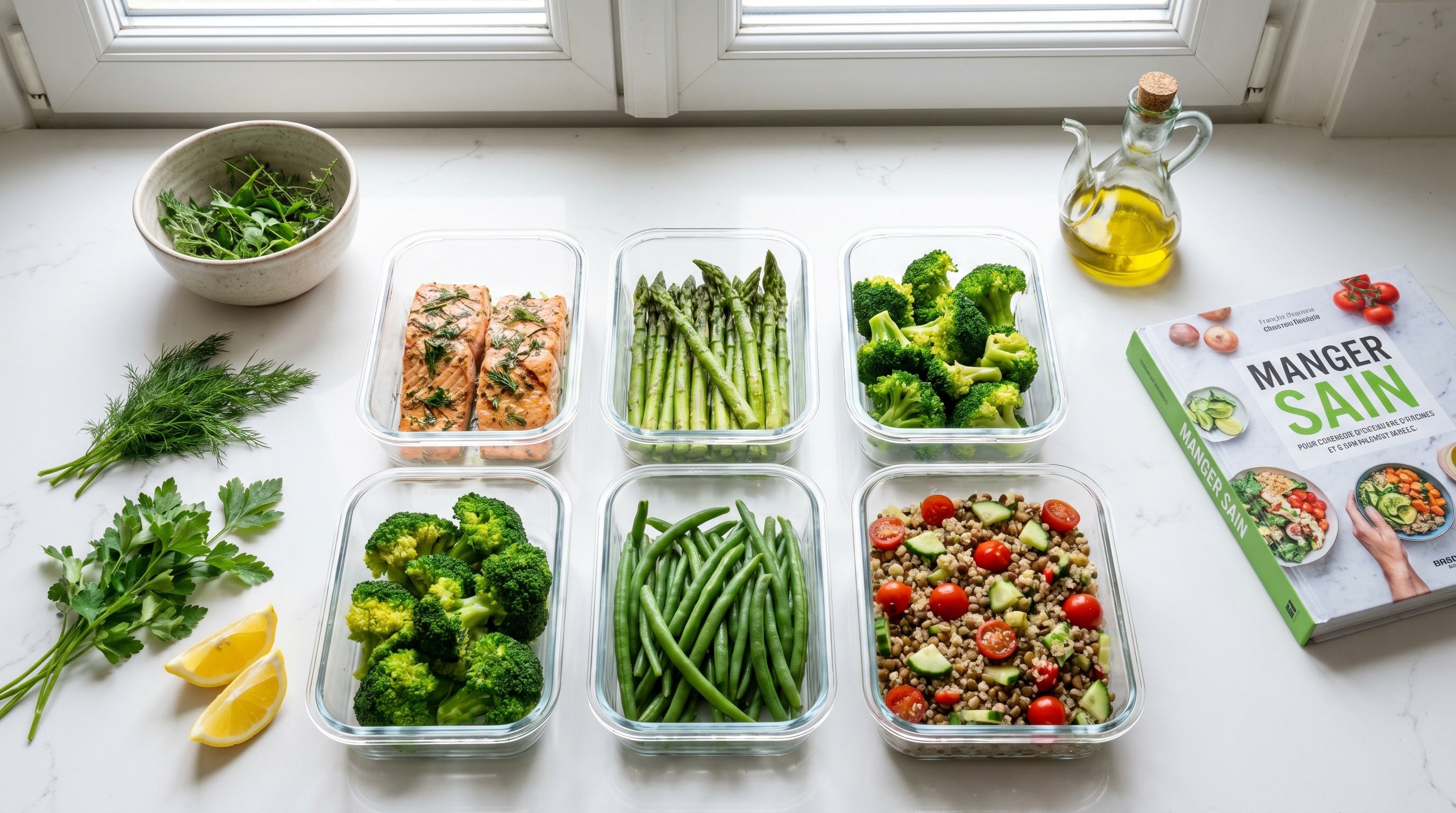 Meal prep de repas minceur équilibrés : saumon, légumes verts, salade de lentilles dans des boîtes en verre