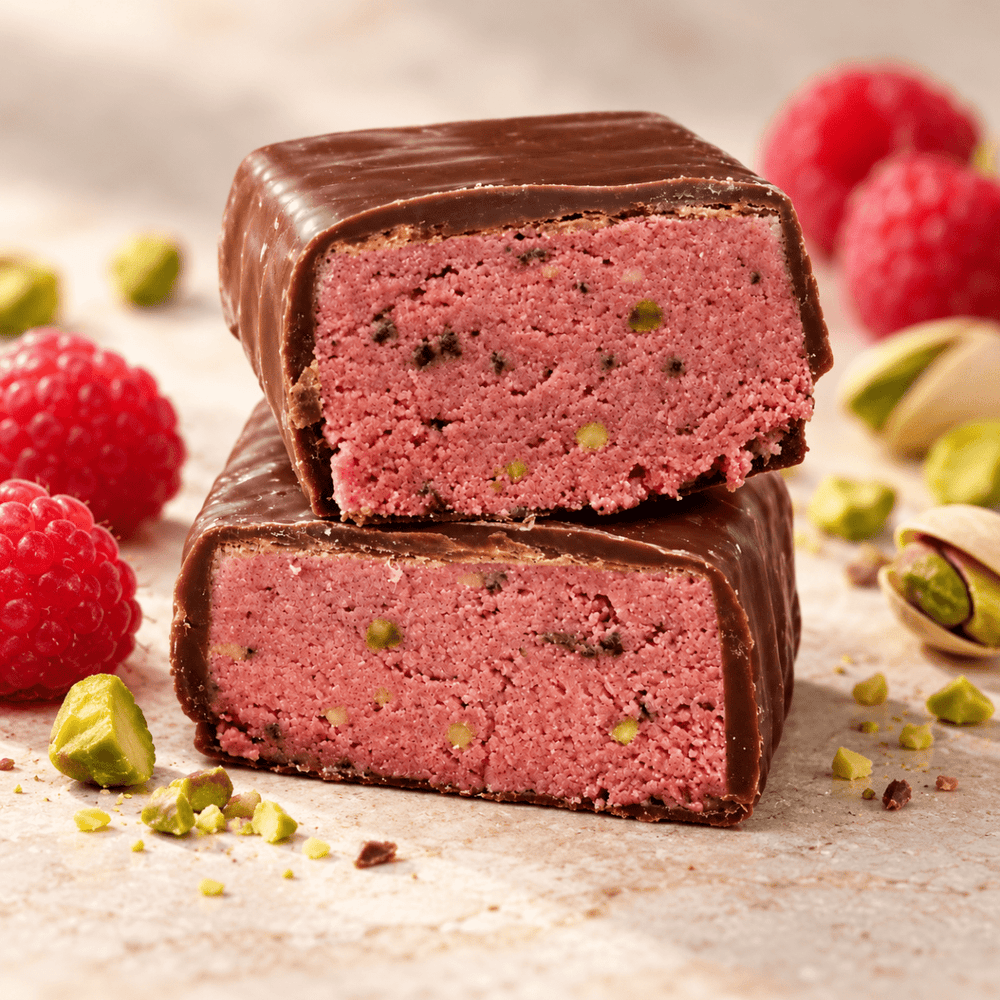 Barre hyperprotéinée framboise pistache enrobée de chocolat noir – 36 g - Mincidelice