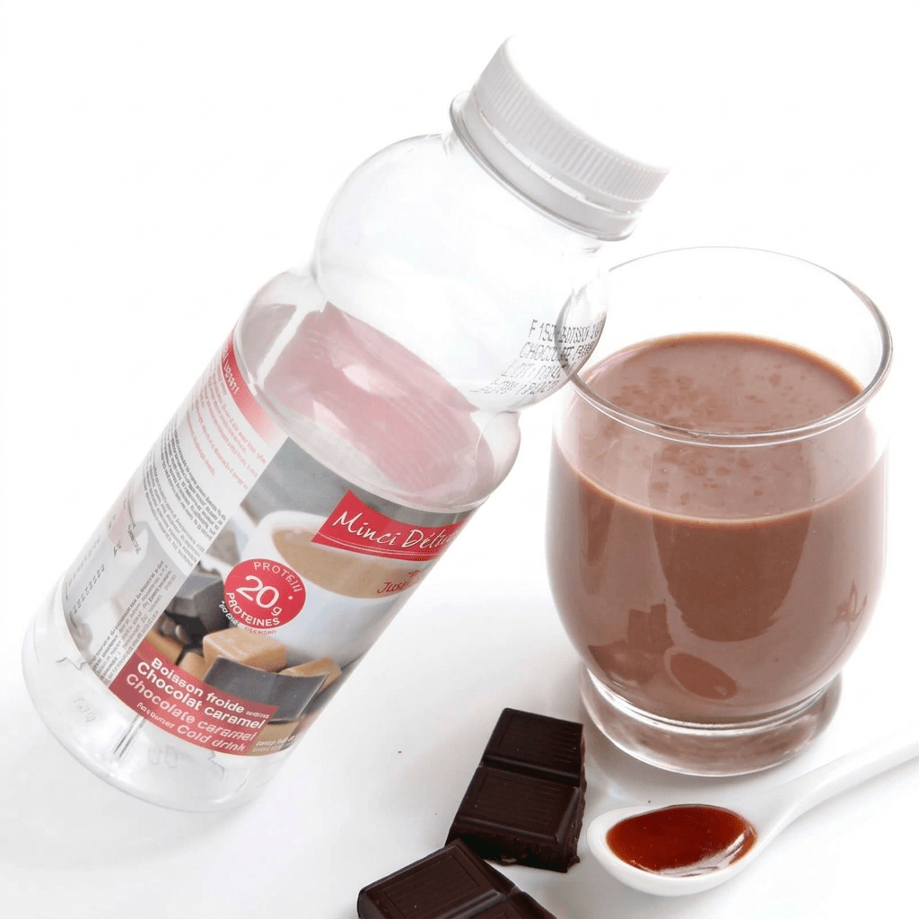Bouteille boisson hyperprotéinée chocolat caramel sans gluten - Mincidelice