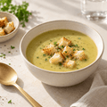 Sopa rica em proteínas com legumes verdes e croutons